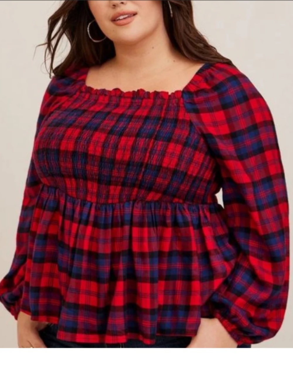 Torrid Red and Navy Plaid Smocked Peplum Top Size 0 NWT